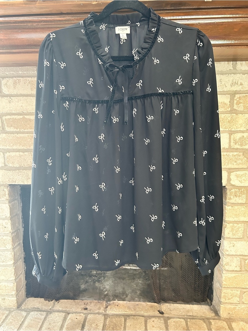 J. Crew Black Bow-Print Tie-Neck Blouse EUC
